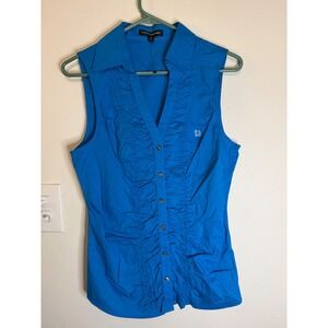 Express Stretch Ruched Front Sleeveless Button Up Top Blue Size M NWOT